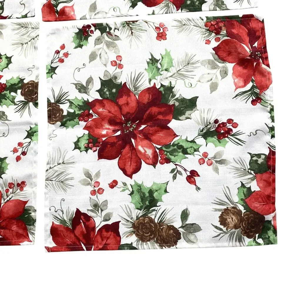 Christmas Napkins set (4) festive printed cloth red poinsettias & greenery